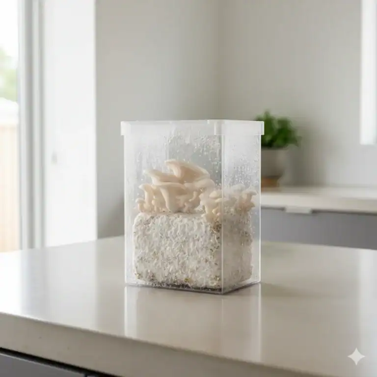 Pan de setas comestibles en mini invernadero casero