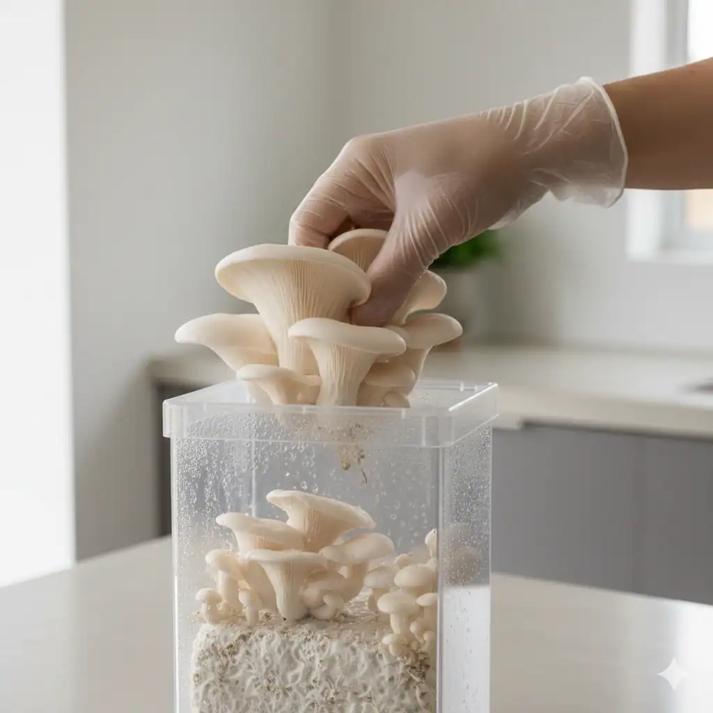 Cosecha de setas comestibles en un pan de sustrato
