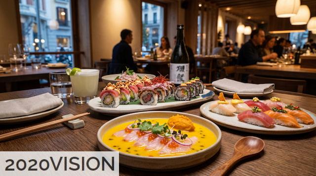 Selección de platos de cocina nikkei para compartir