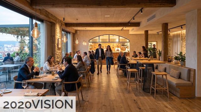 Distribución de mesas y zonas de circulación en un restaurante
